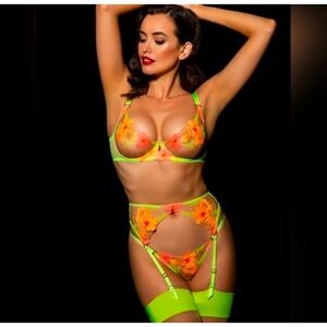 NWT Honey Birdette Christine Suspender Neon Lime Floral Garter only Small